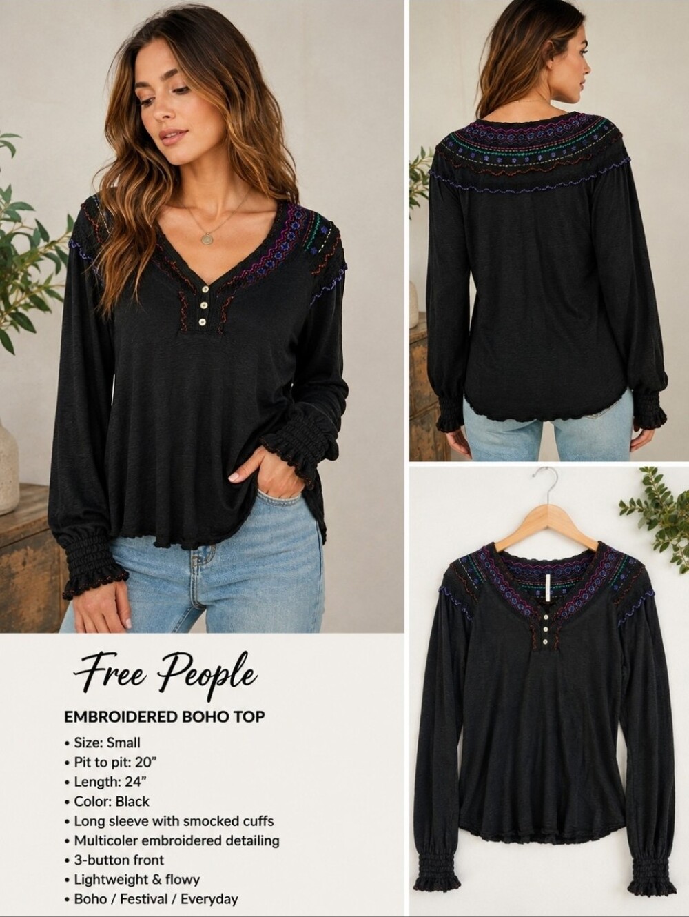 Free People Black Embroidered Boho Peasant Top Size S